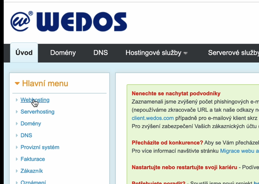 wedos webhosting rozhrani